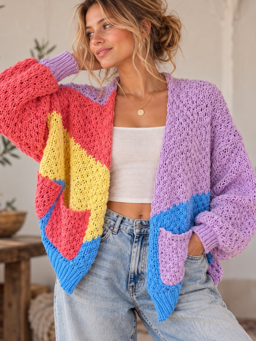 Oversized Colorblock Loose Knit Cardigan